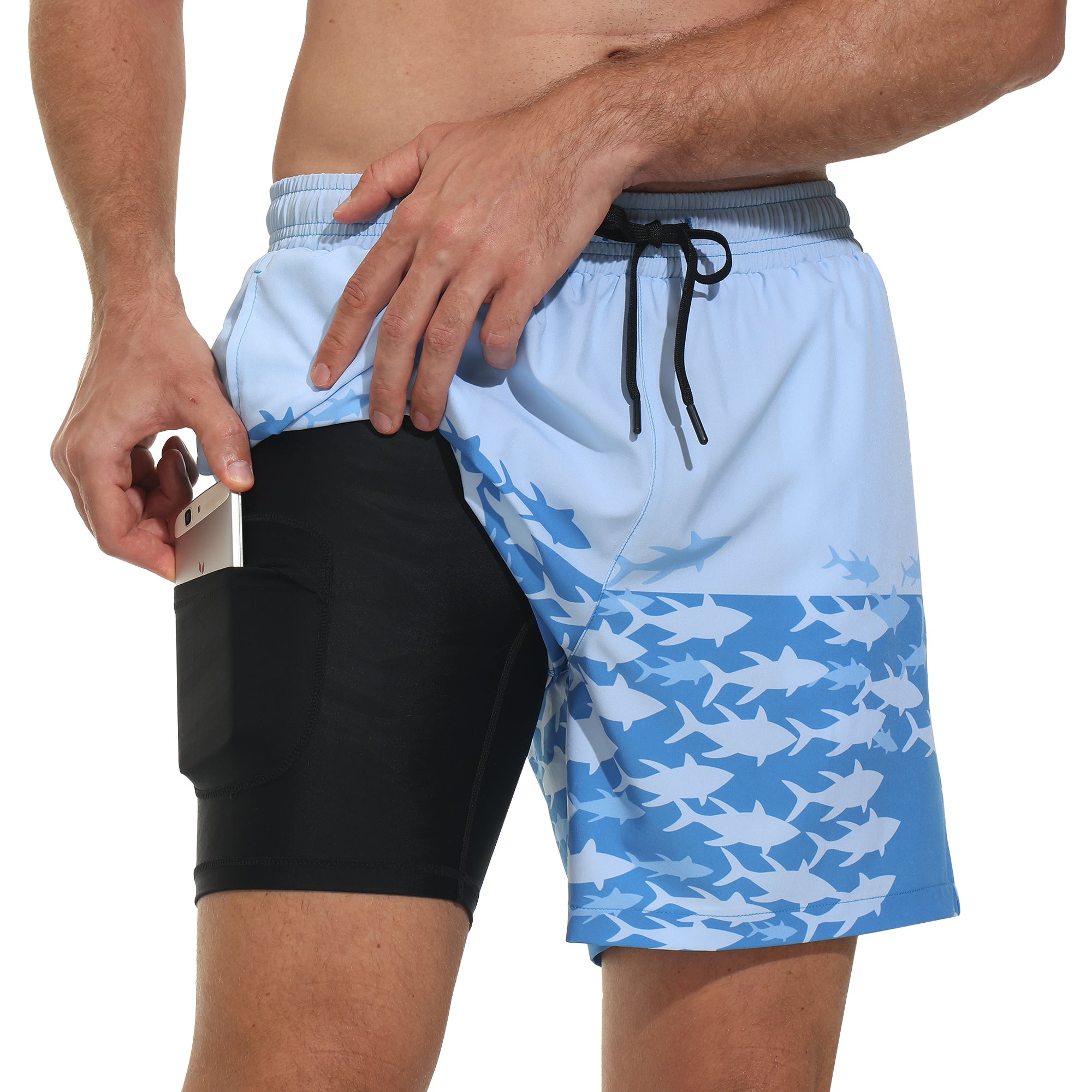 SILKWORLD Men's Swim Trunks with Compression Liner 7 Inch Inseam Swimsuit  with Zipper Pockets, Stripe(Blue), X-Small